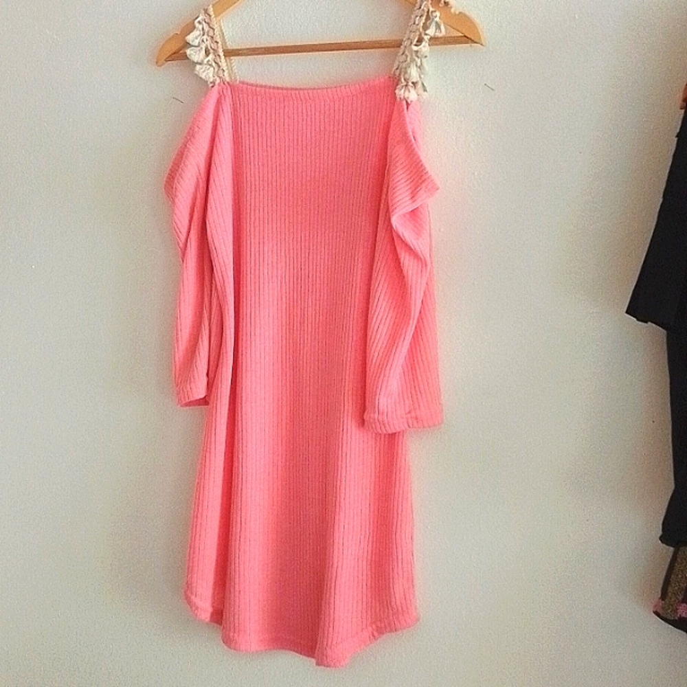 Pink Off-Shoulder Dress with Tassel Straps